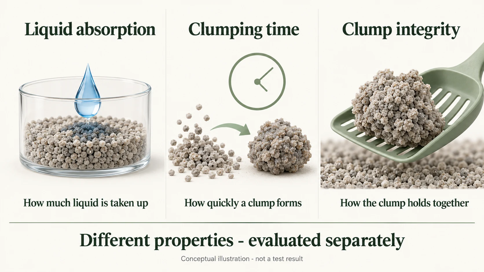 Conceptual comparison of liquid absorption, clumping time and clump integrity as separate evaluation properties.