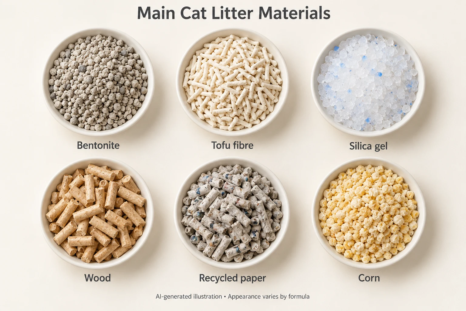 AI illustration of bentonite, tofu fibre, silica gel, wood, recycled paper and corn litter materials