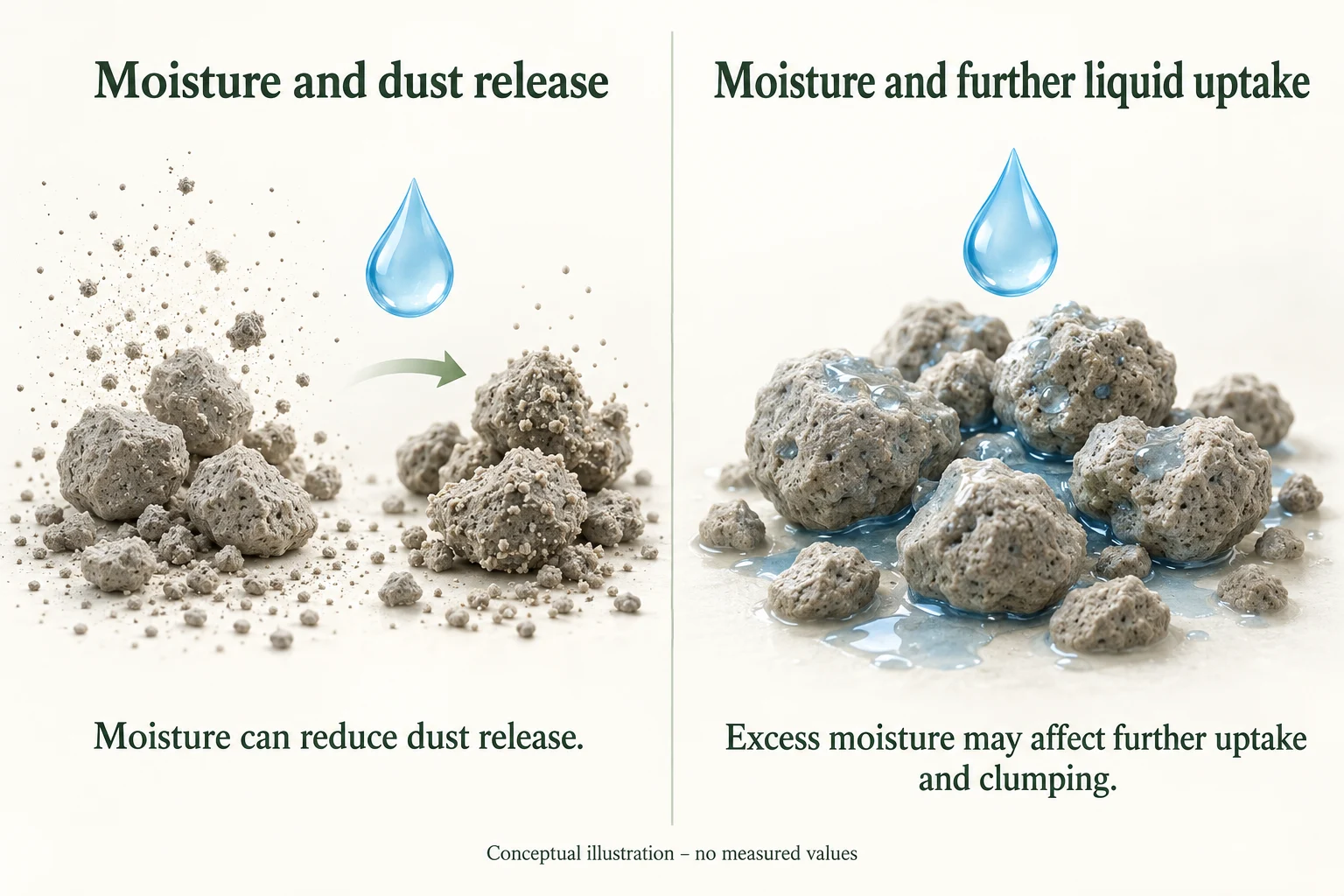 Conceptual illustration of the balance between moisture, dust release and further liquid uptake in bentonite granules.