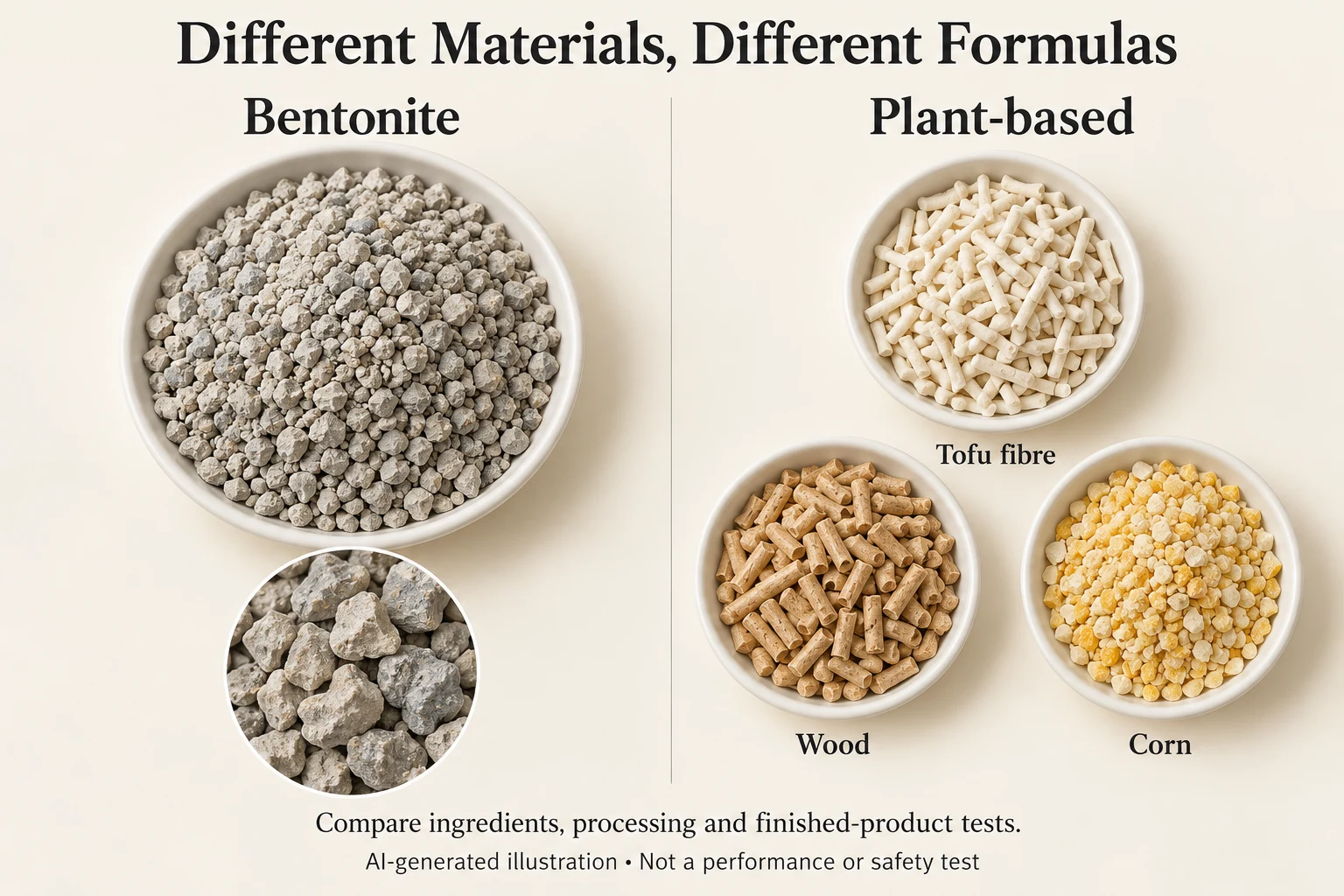 AI illustration comparing bentonite granules with tofu fibre, wood and corn litter formats